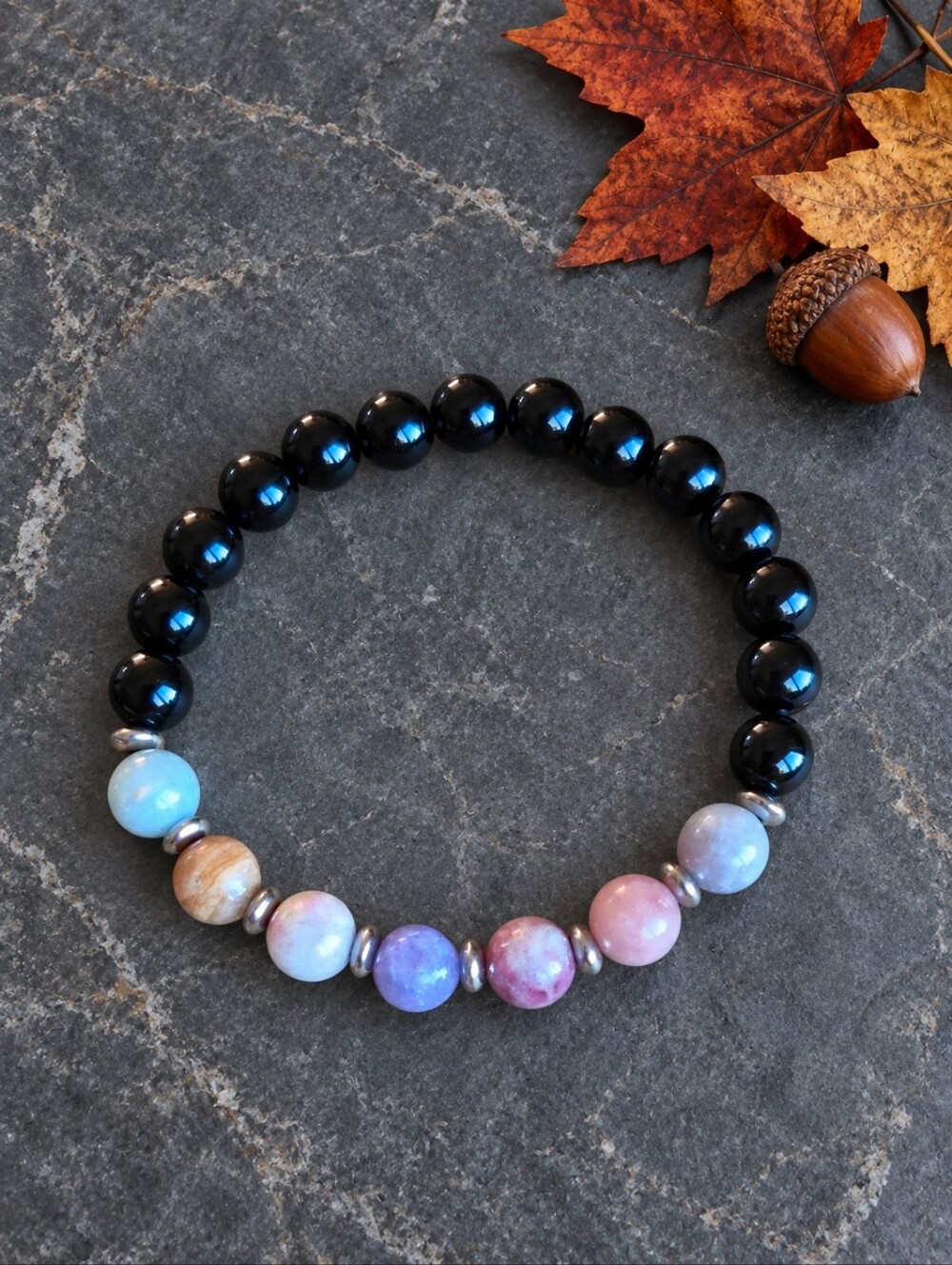 Tourmaline & Black Onyx Beaded Stretch Bracelet | Handmade
